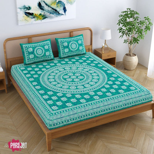 Pareejat -  Pure Cotton Mandala Blocks Floral Printed Double Bedsheet with 2 Pillow Covers, Sea Green