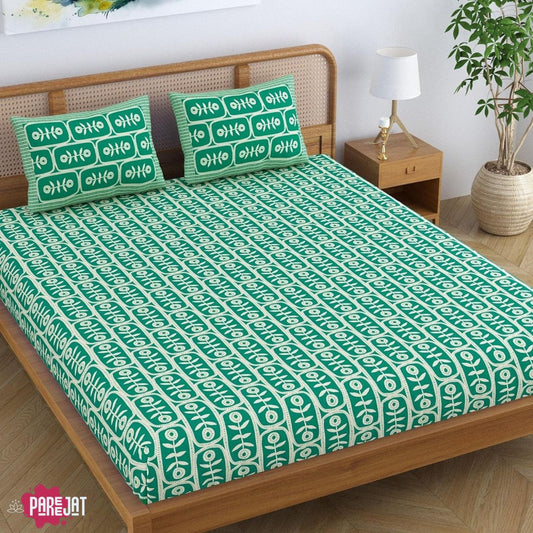 Pareejat - Pure Cotton Floral Motif Printed Elegant Jaipuri Bedsheet for Double Bed King Size with 2 Pillow Covers - Jade Green