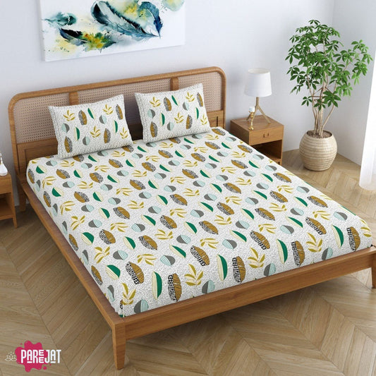 Pareejat - leaf pattern Cotton Bedsheet for Double Bed King Size with 2 Pillow Covers Printed Bed Cover - Earthy tones