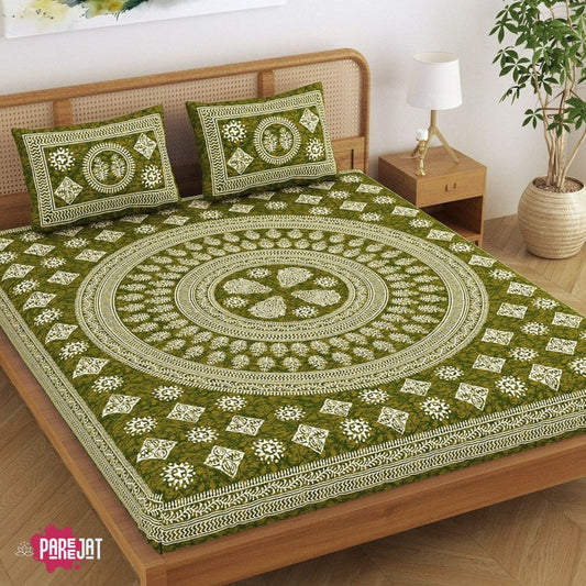 Pareejat - Mandala Floral Print 144 TC Cotton Double Bedsheet with Pillow Covers - Green