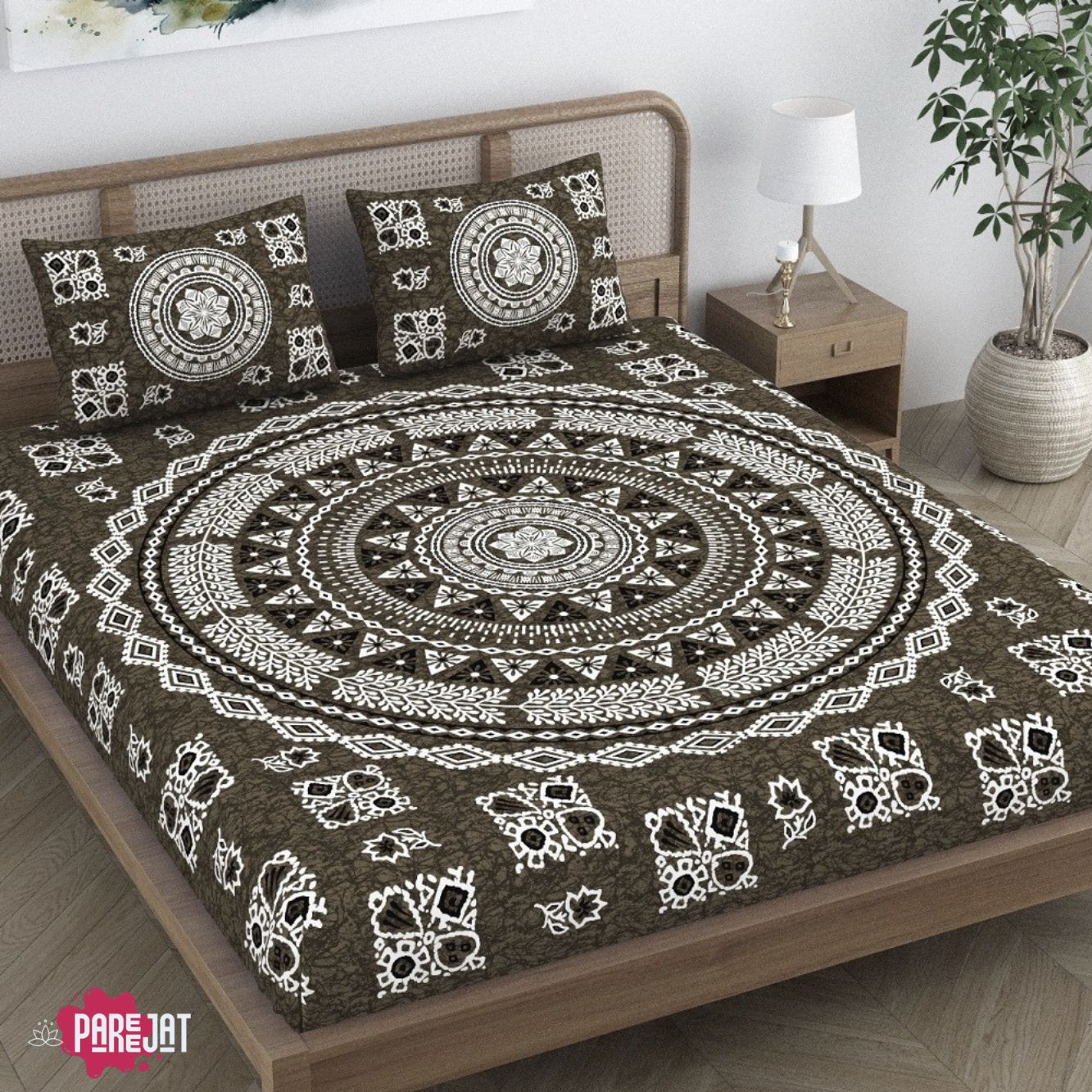 Pareejat - Mandala 100% Cotton Bedsheet for Double Bed King Size with 2 Pillow Covers Jaipuri Printed Bed Cover - Charcoal Grey