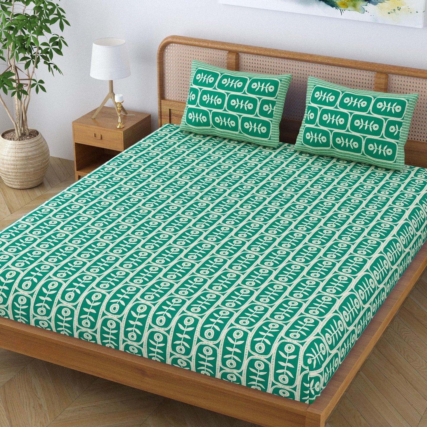 Pareejat - Pure Cotton Floral Motif Printed Elegant Jaipuri Bedsheet for Double Bed King Size with 2 Pillow Covers - Jade Green