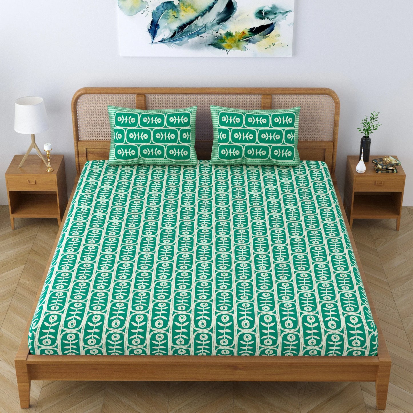 Pareejat - Pure Cotton Floral Motif Printed Elegant Jaipuri Bedsheet for Double Bed King Size with 2 Pillow Covers - Jade Green